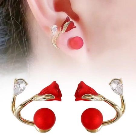 2pesKorean  Red Tulip Flower Earrings Two in One Brincos Jewelry For Girl Gift(ডেলিভারি ১৩ ১৪ তারিখে )